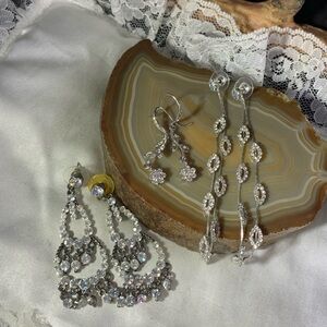 3 Pairs of Chandelier Rhinestone Silver Tone Earrings